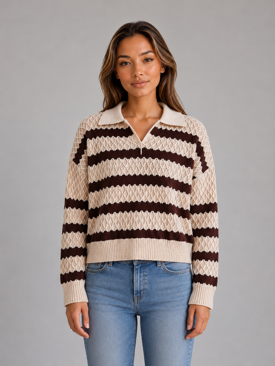 Fern striped polo sweater textured knit - front view