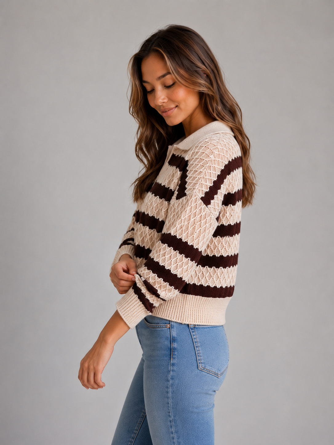 Fern striped polo sweater textured knit - back view