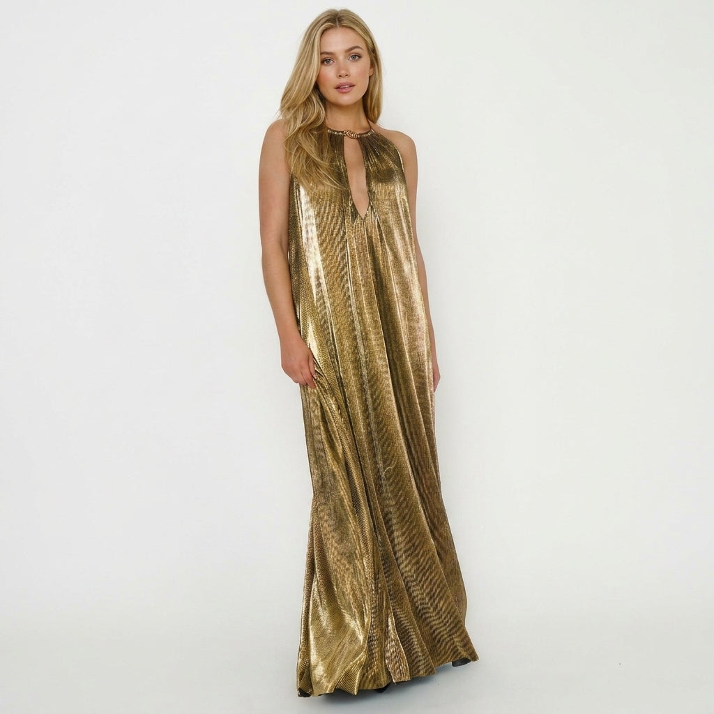 Florence | Halter Metallic Pleated Maxi Dress