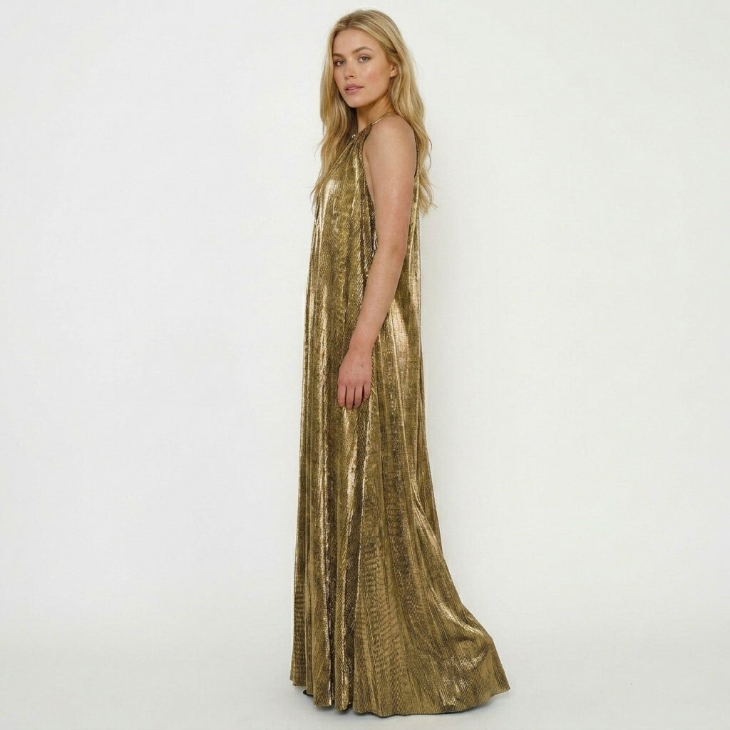 Florence | Halter Metallic Pleated Maxi Dress