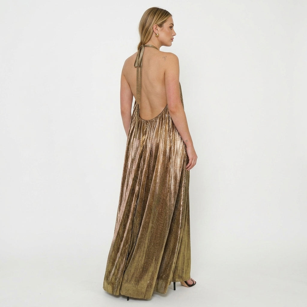 Florence | Halter Metallic Pleated Maxi Dress