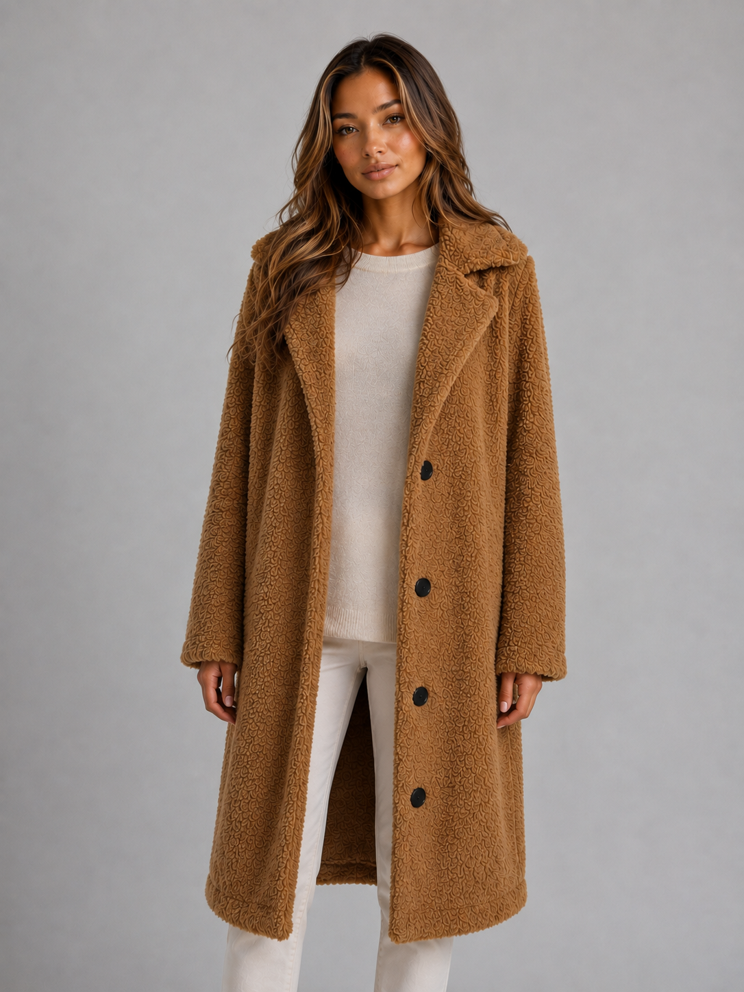 Frieda longline teddy fleece coat - styled outfit