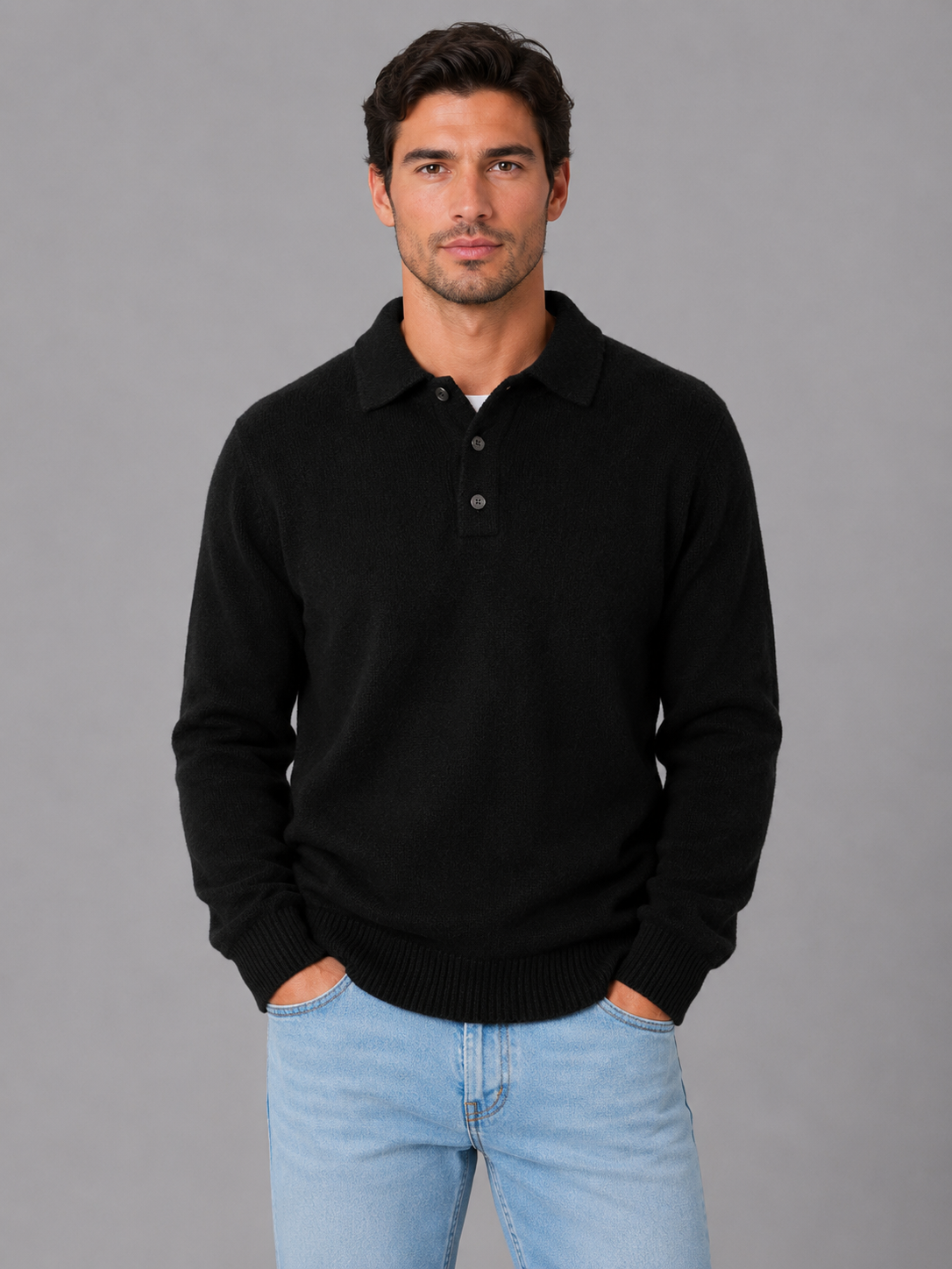 George button polo knit sweater long sleeve - full look