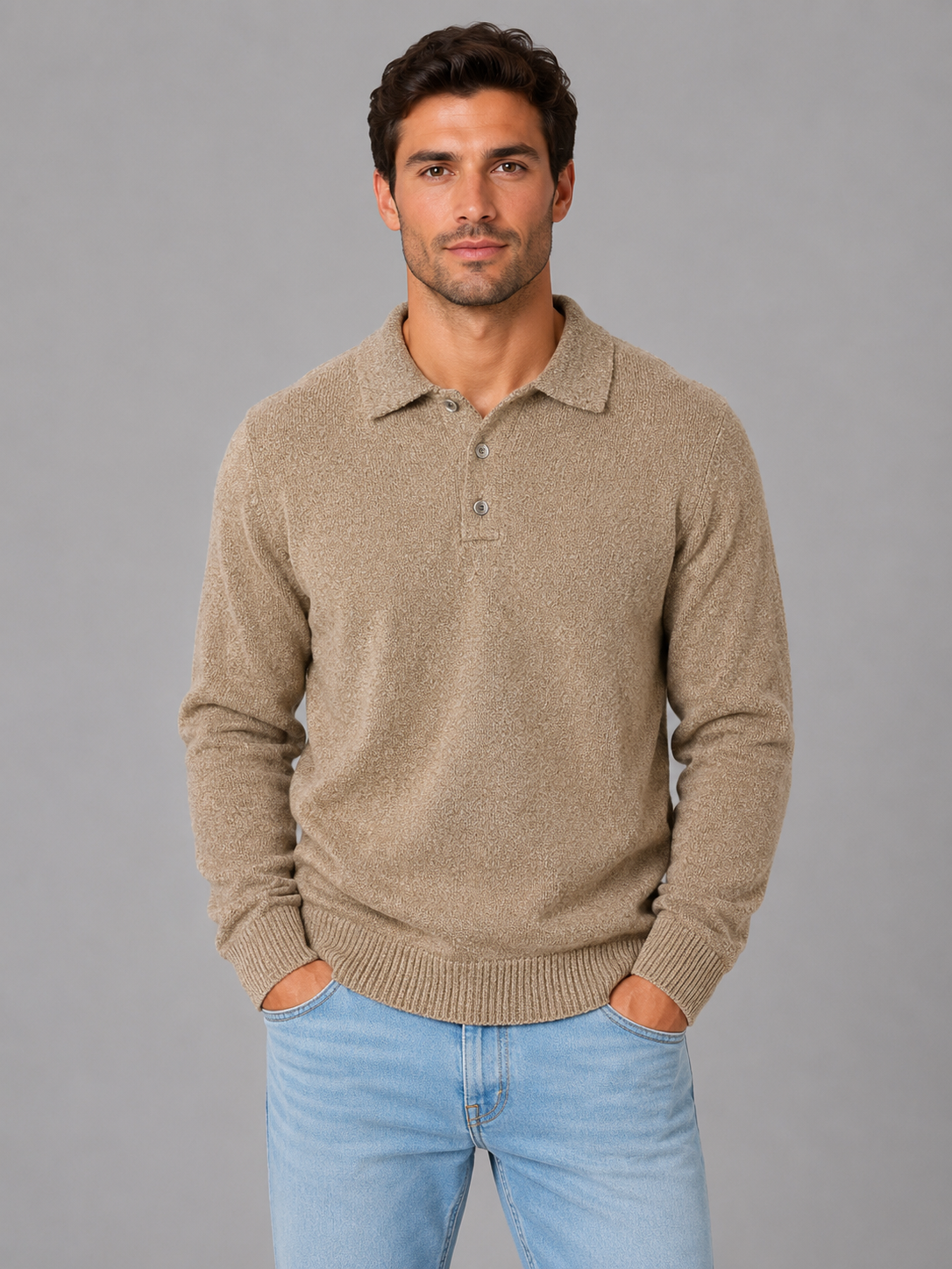 George button polo knit sweater long sleeve - collar detail