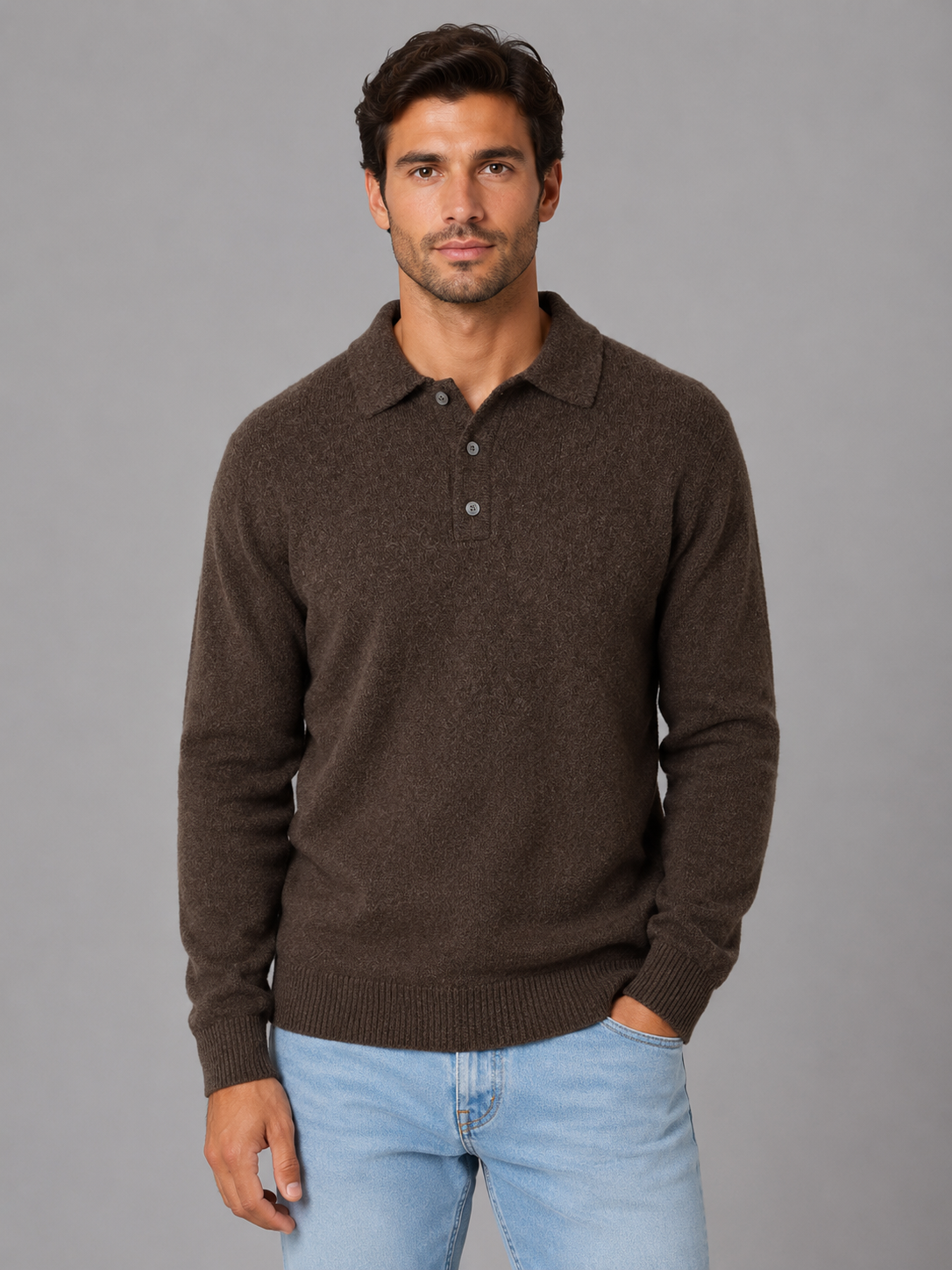 George button polo knit sweater long sleeve - styled outfit