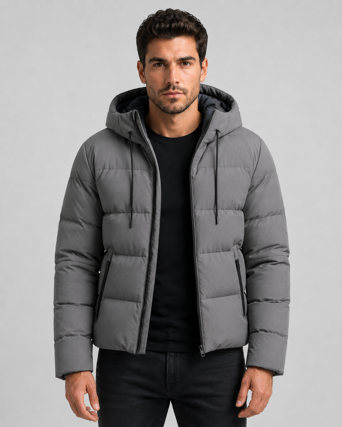 Gregory hooded winter puffer jacket zip pockets - front view