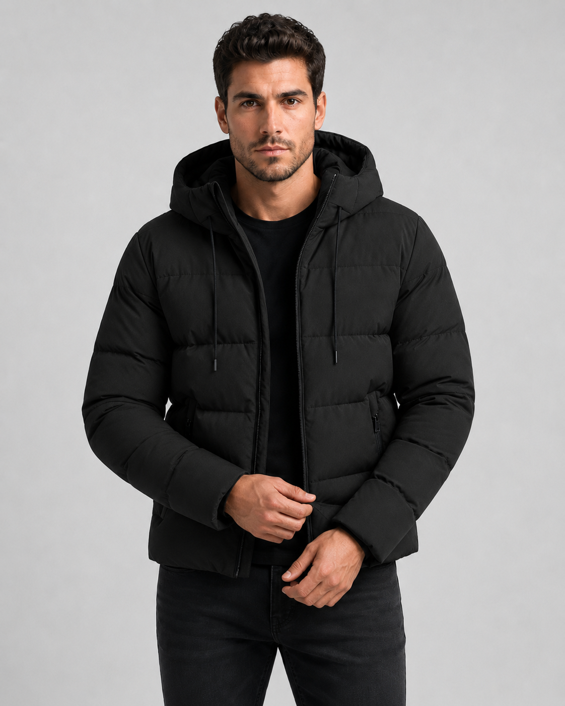 Gregory hooded winter puffer jacket zip pockets - styled outfit