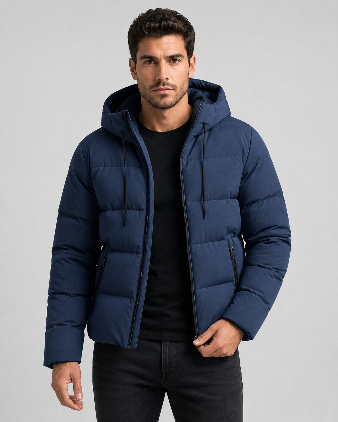 Gregory hooded winter puffer jacket zip pockets - full look