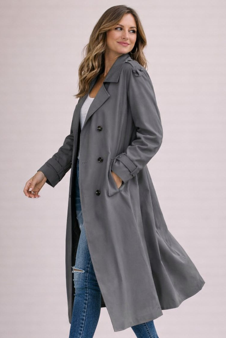 Gwendolyn double-breasted belted trench coat, gray