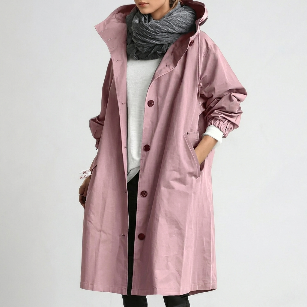 Gweneth hooded button-front long raincoat, pink