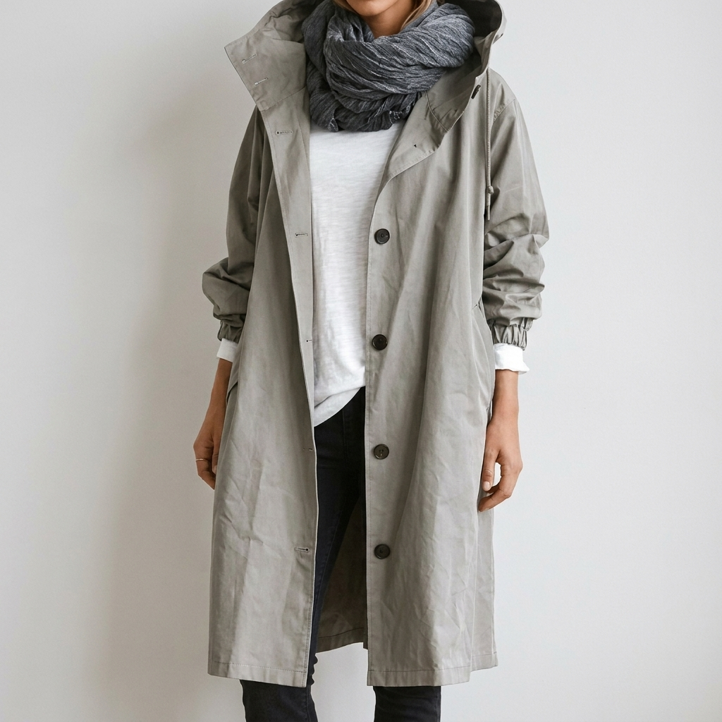 Gweneth hooded button-front long raincoat, gray