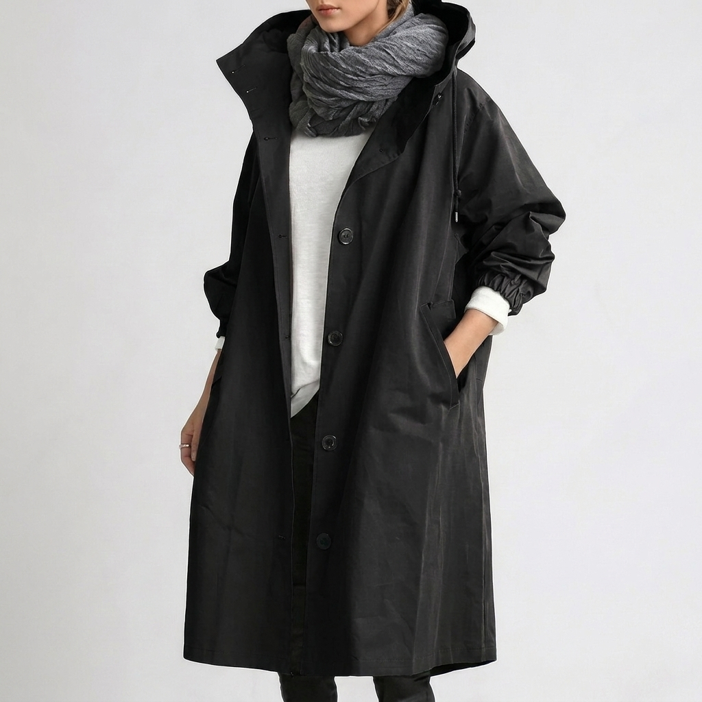 Gweneth hooded button-front long raincoat, black