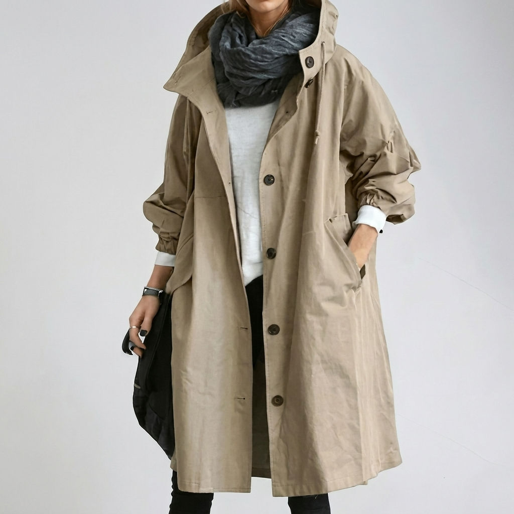Gweneth hooded button-front long raincoat, khaki