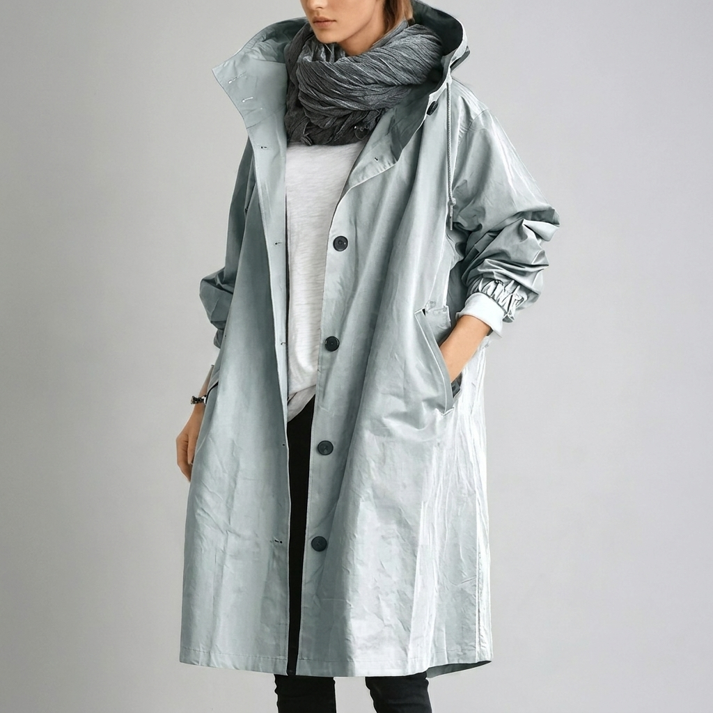 Gweneth hooded button-front long raincoat, blue
