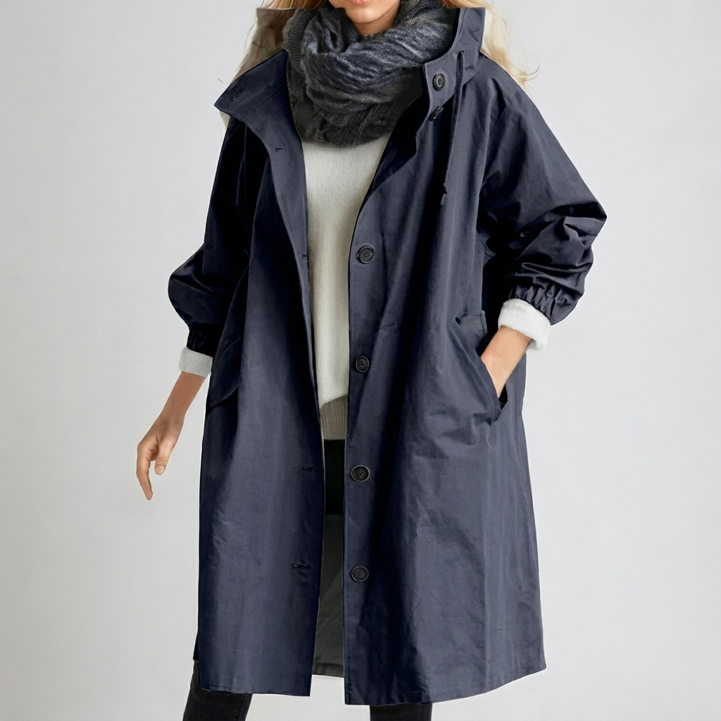 Gweneth hooded button-front long raincoat, navy
