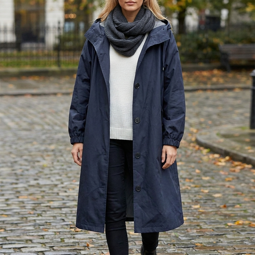 Gweneth hooded button-front long raincoat, view 7