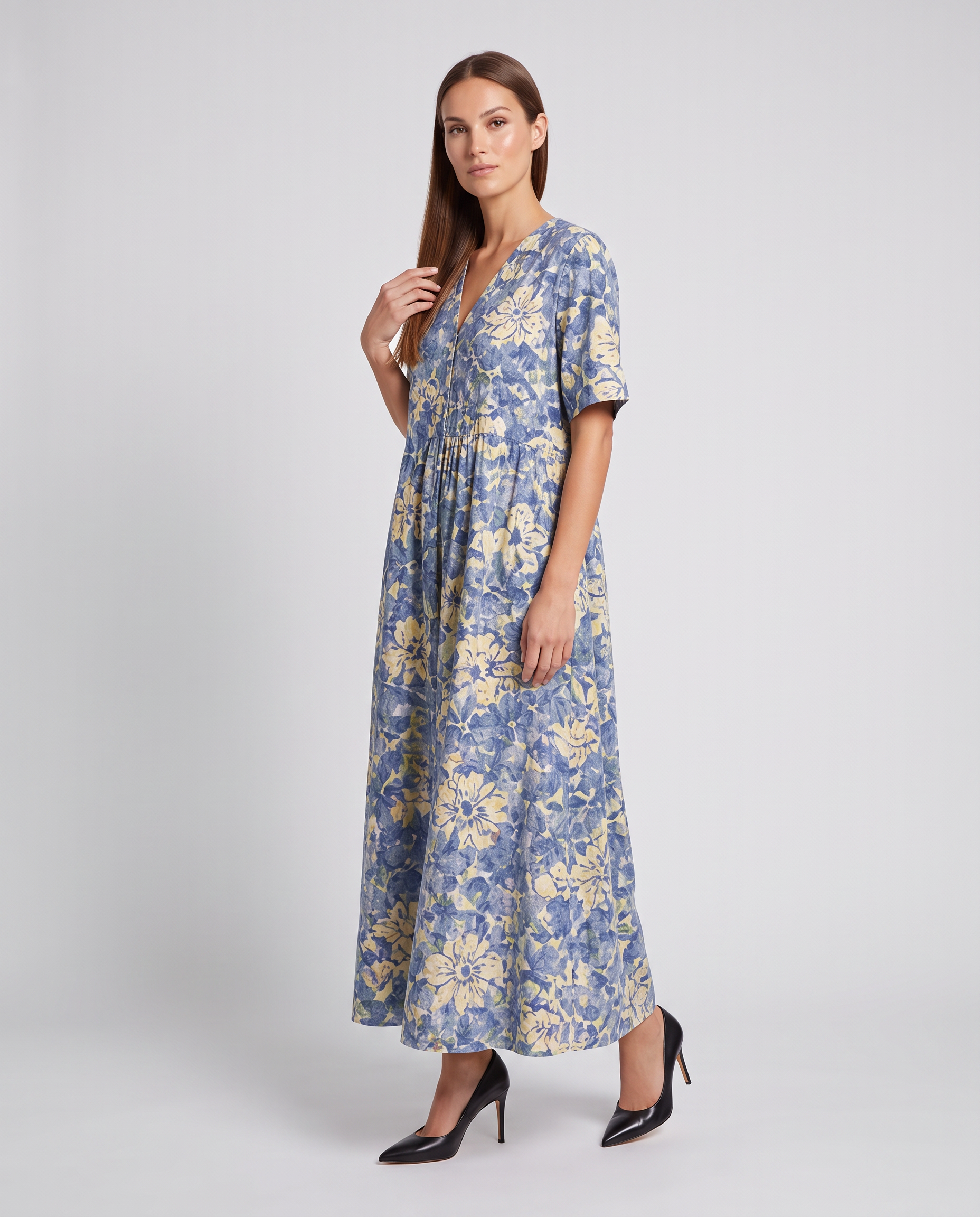 Hazel floral midi dress v neck summer - front view