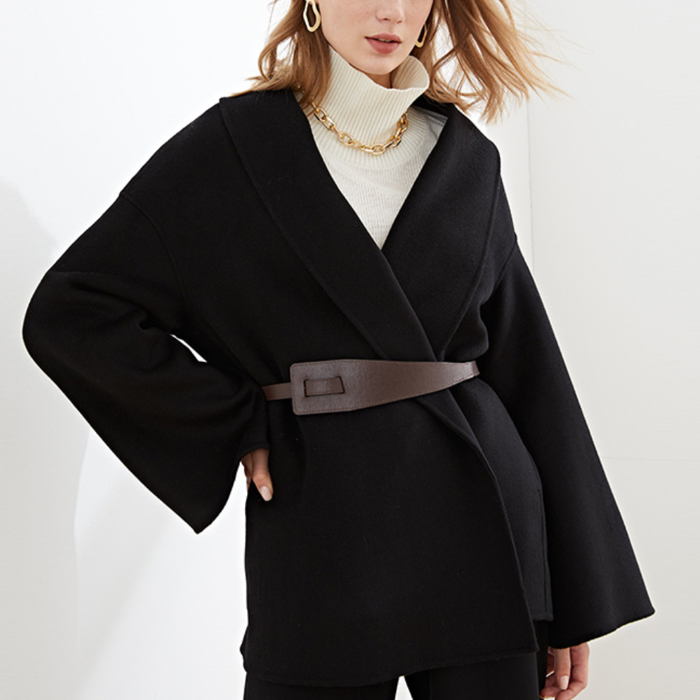 Helena belted open-front lapel coat, black