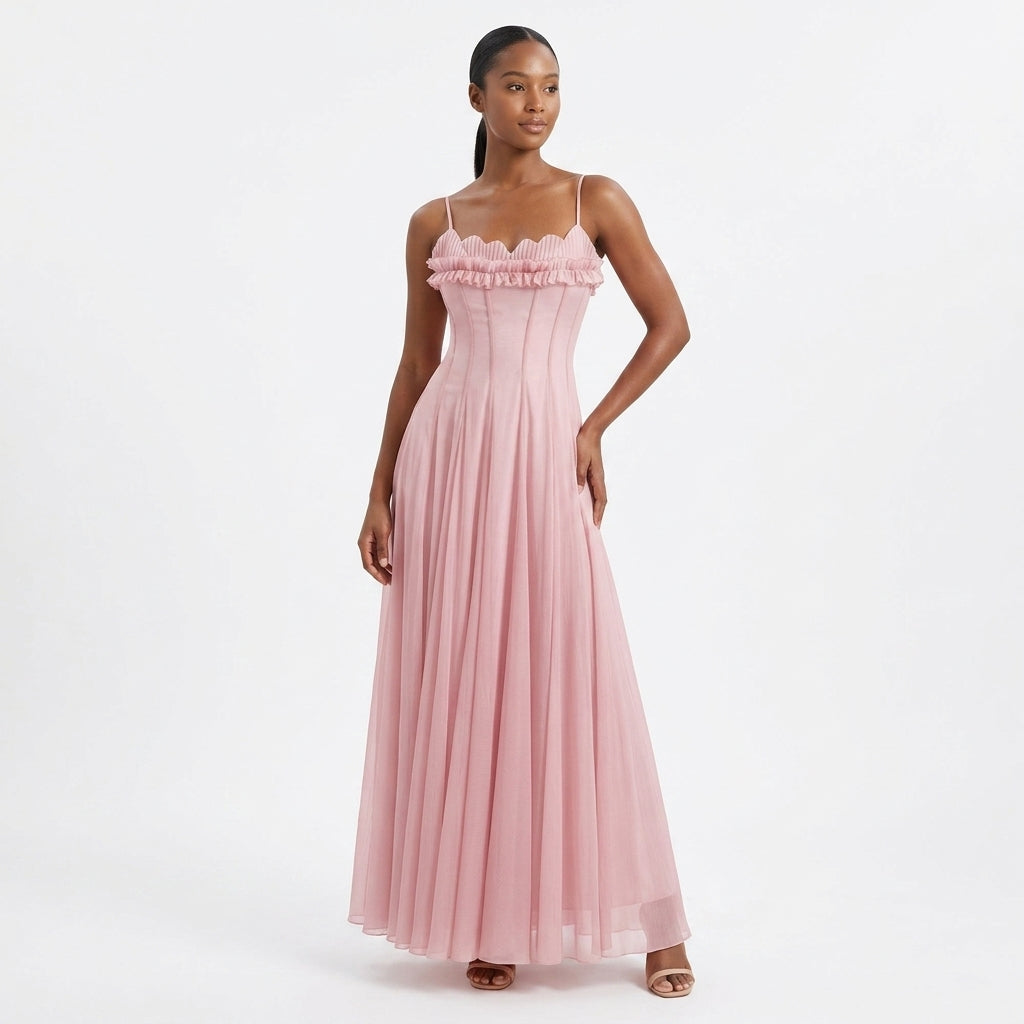 Helene | Ruffled Tulle Wedding Guest Maxi Dress