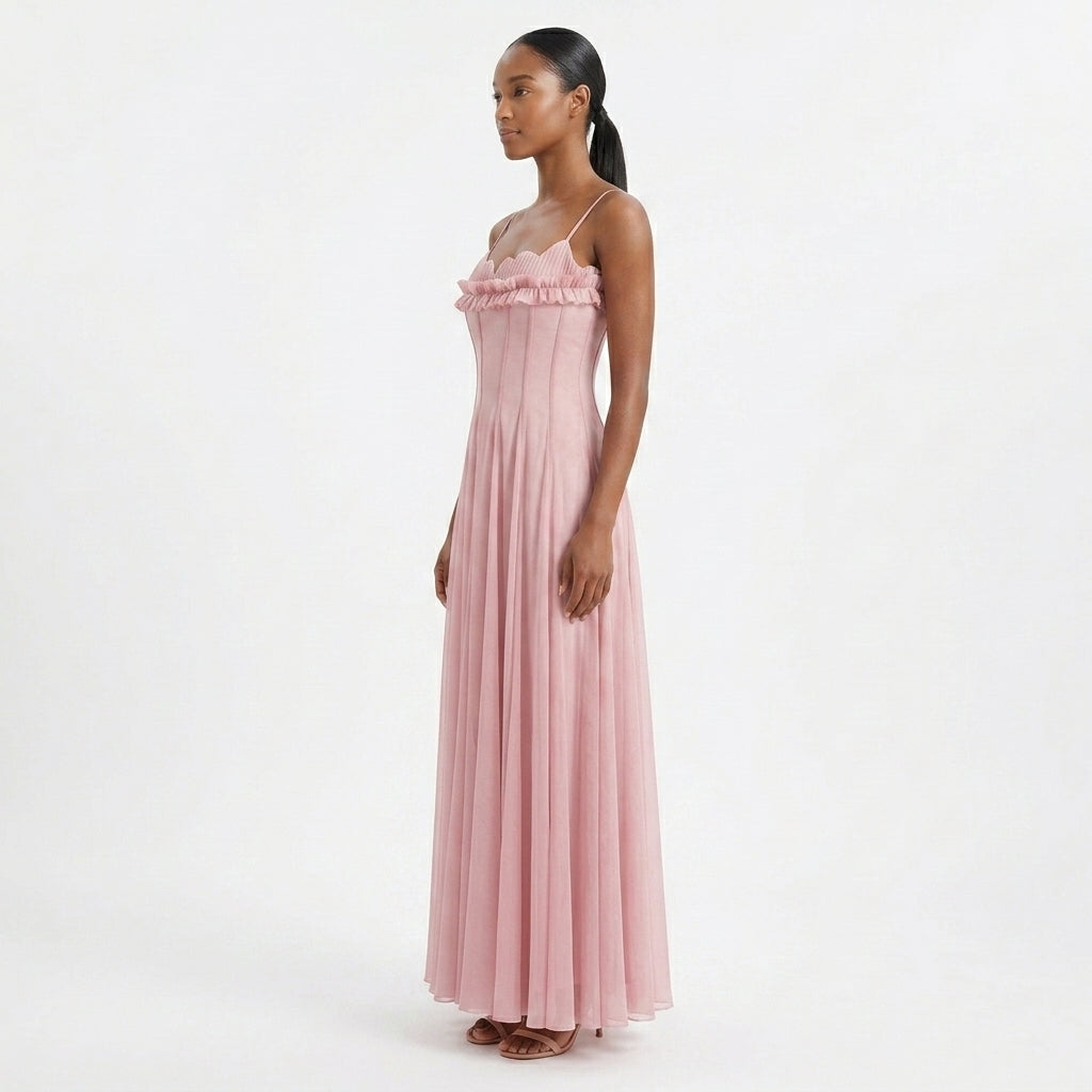 Helene | Ruffled Tulle Wedding Guest Maxi Dress