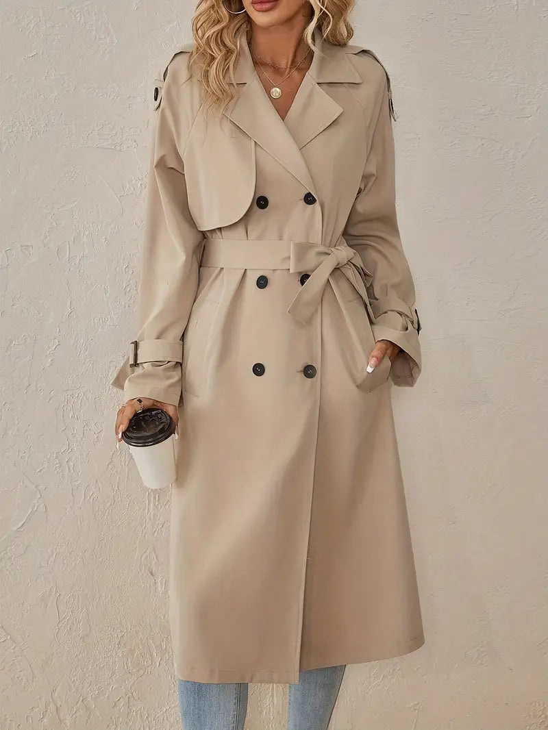 Henrietta double-breasted trench coat with belted cuffs, beige