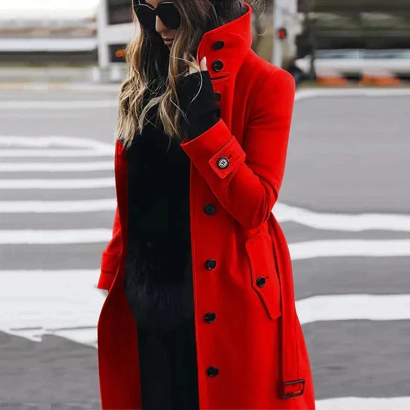 Hermione high-neck belted trench coat, red