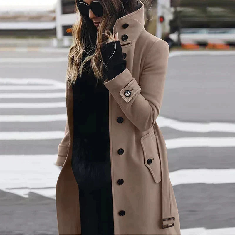 Hermione high-neck belted trench coat, khaki
