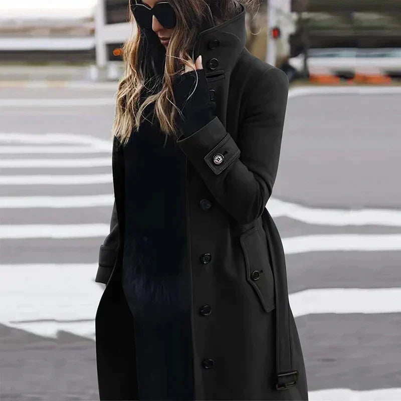 Hermione high-neck belted trench coat, black