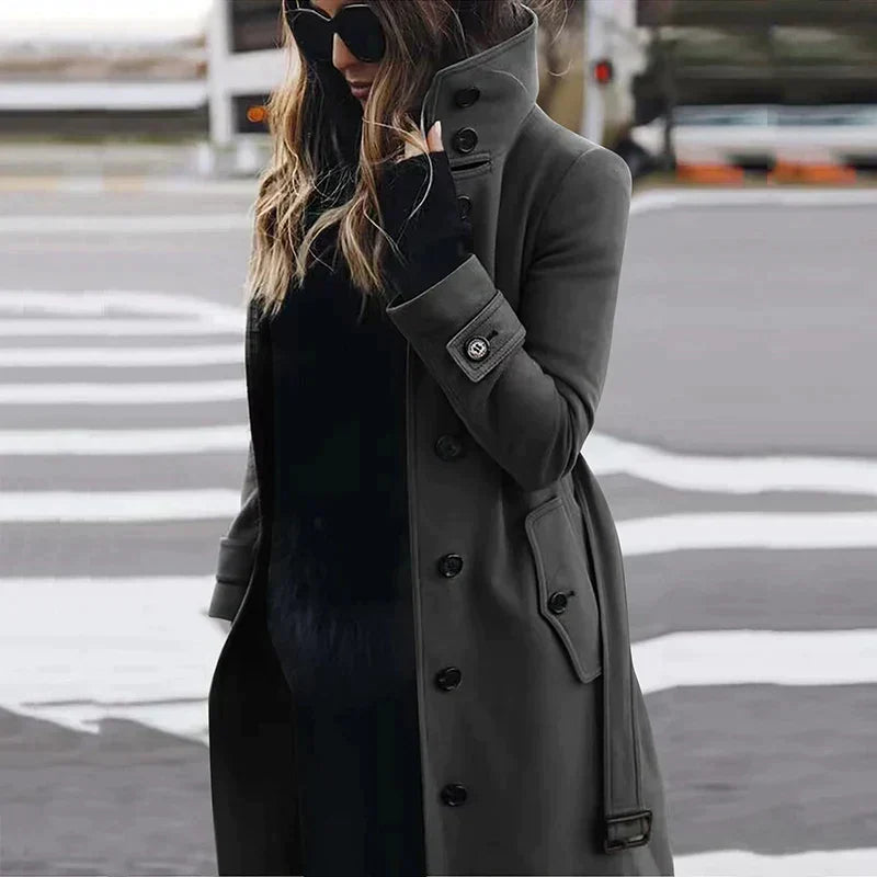 Hermione high-neck belted trench coat, dark gray
