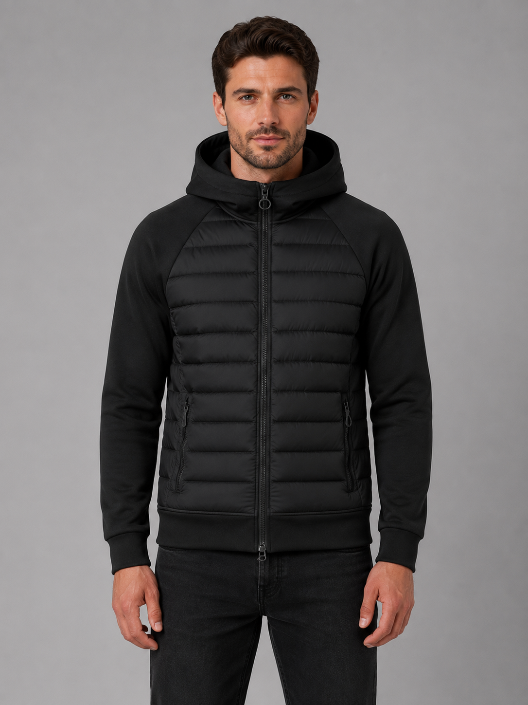 Howard hooded quilted jacket stretch sleeves - front view