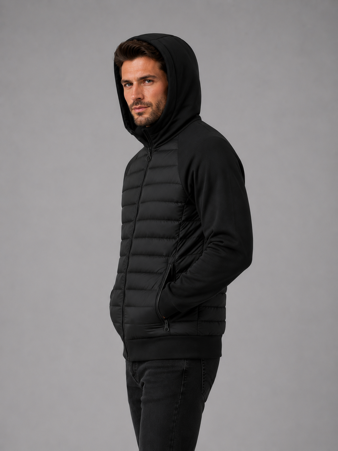 Howard hooded quilted jacket stretch sleeves - back view