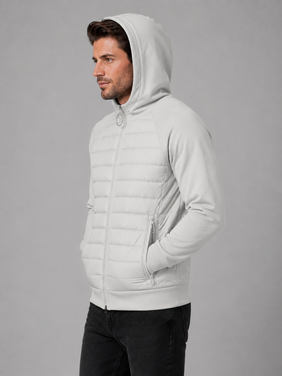 Howard hooded quilted jacket stretch sleeves - styled outfit
