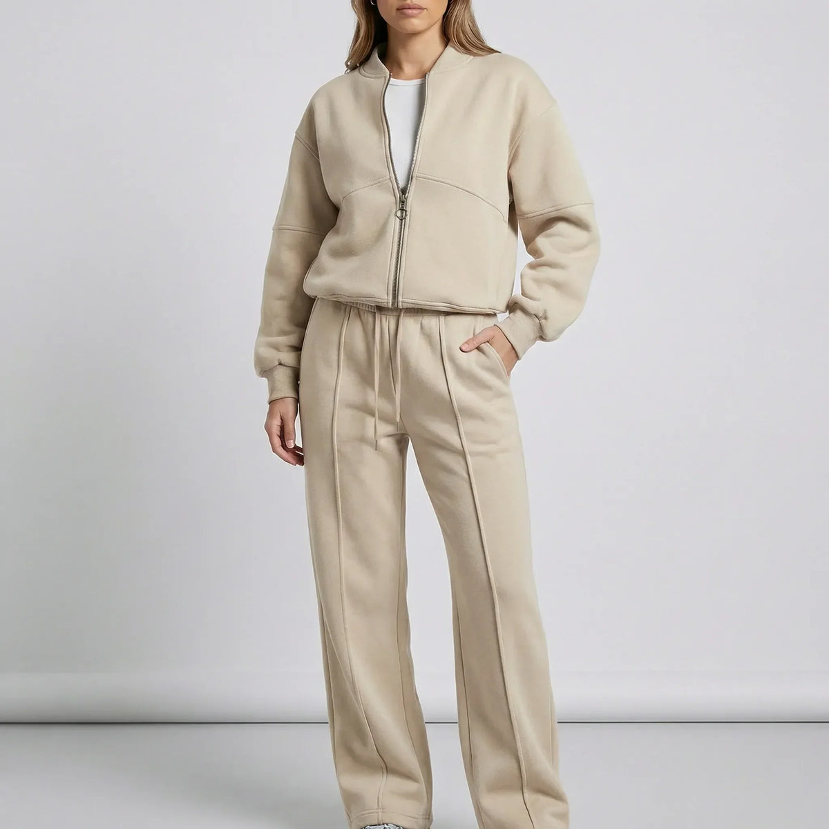 Idony zip jacket and jogger co-ord set, beige
