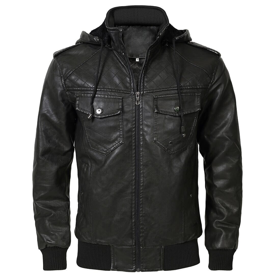 Ignatius hooded faux leather jacket with quilted shoulders, black
