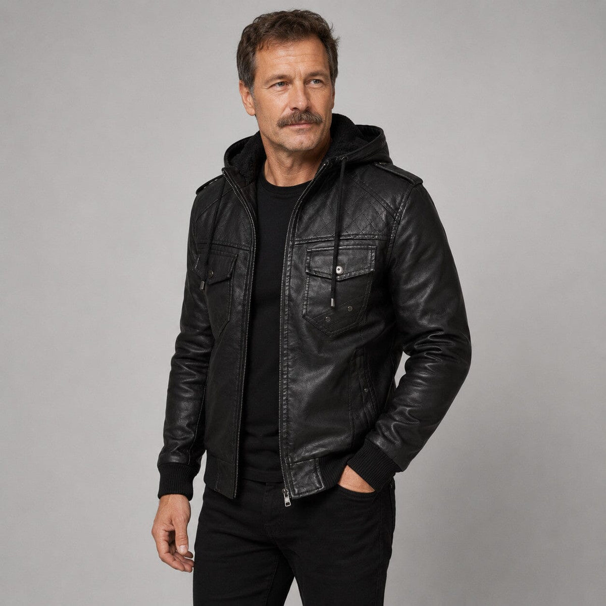 Ignatius hooded faux leather jacket with quilted shoulders, view 3