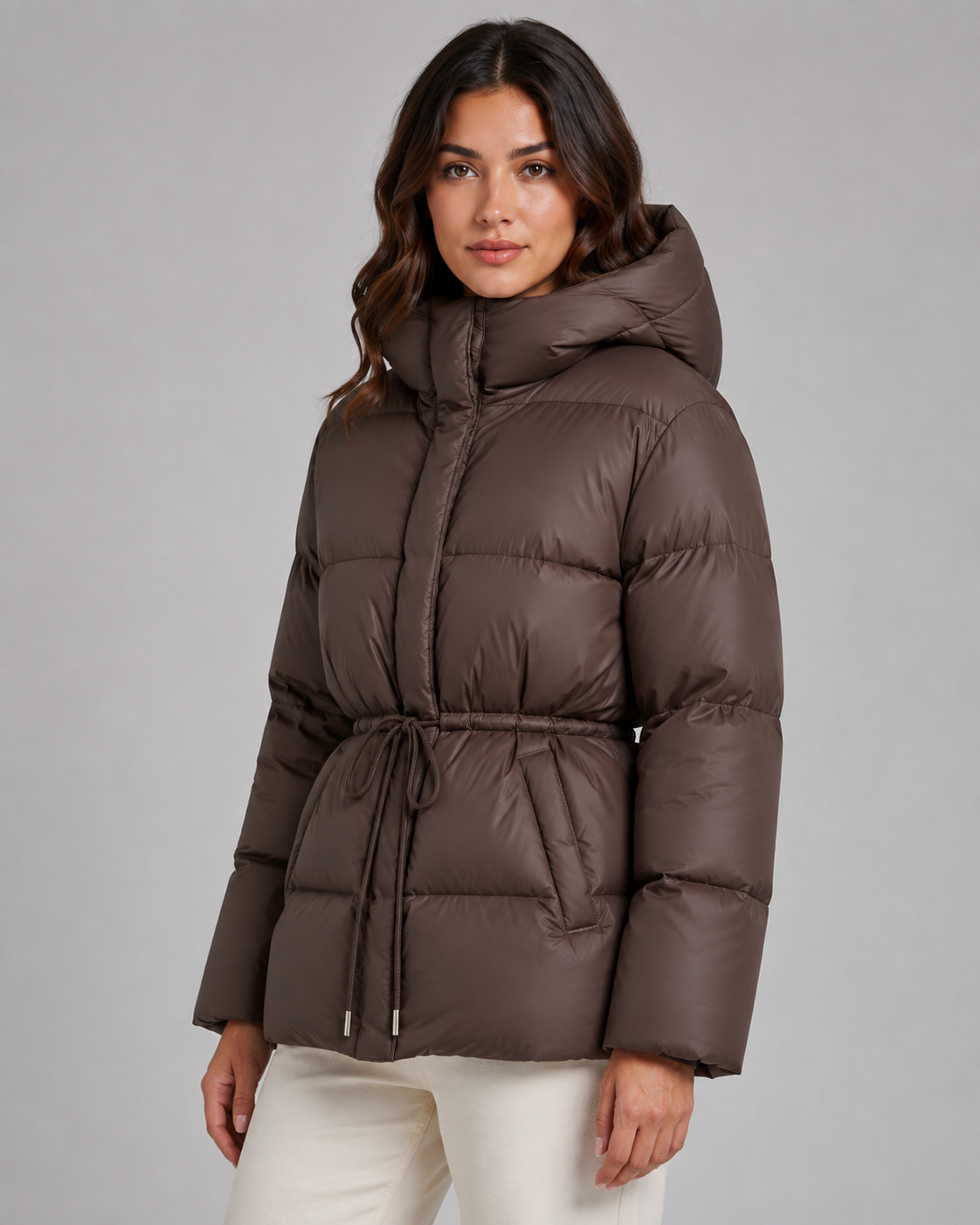 Judith hooded puffer jacket drawstring waist - front view