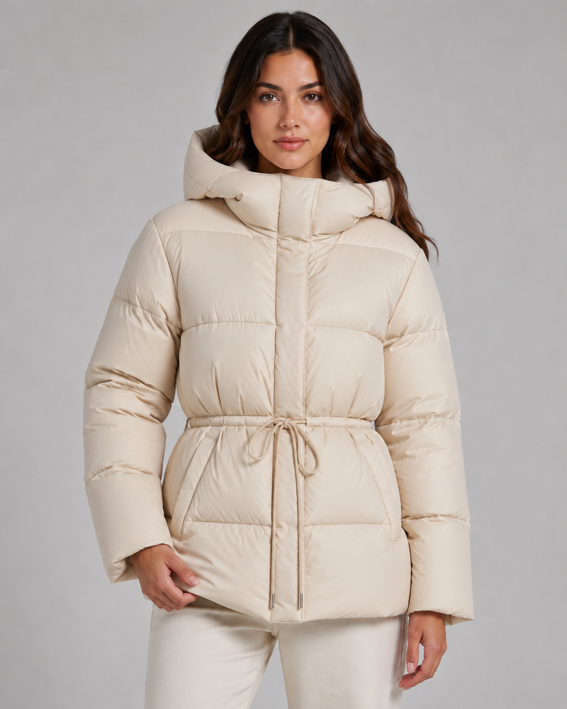 Judith hooded puffer jacket drawstring waist - styled outfit