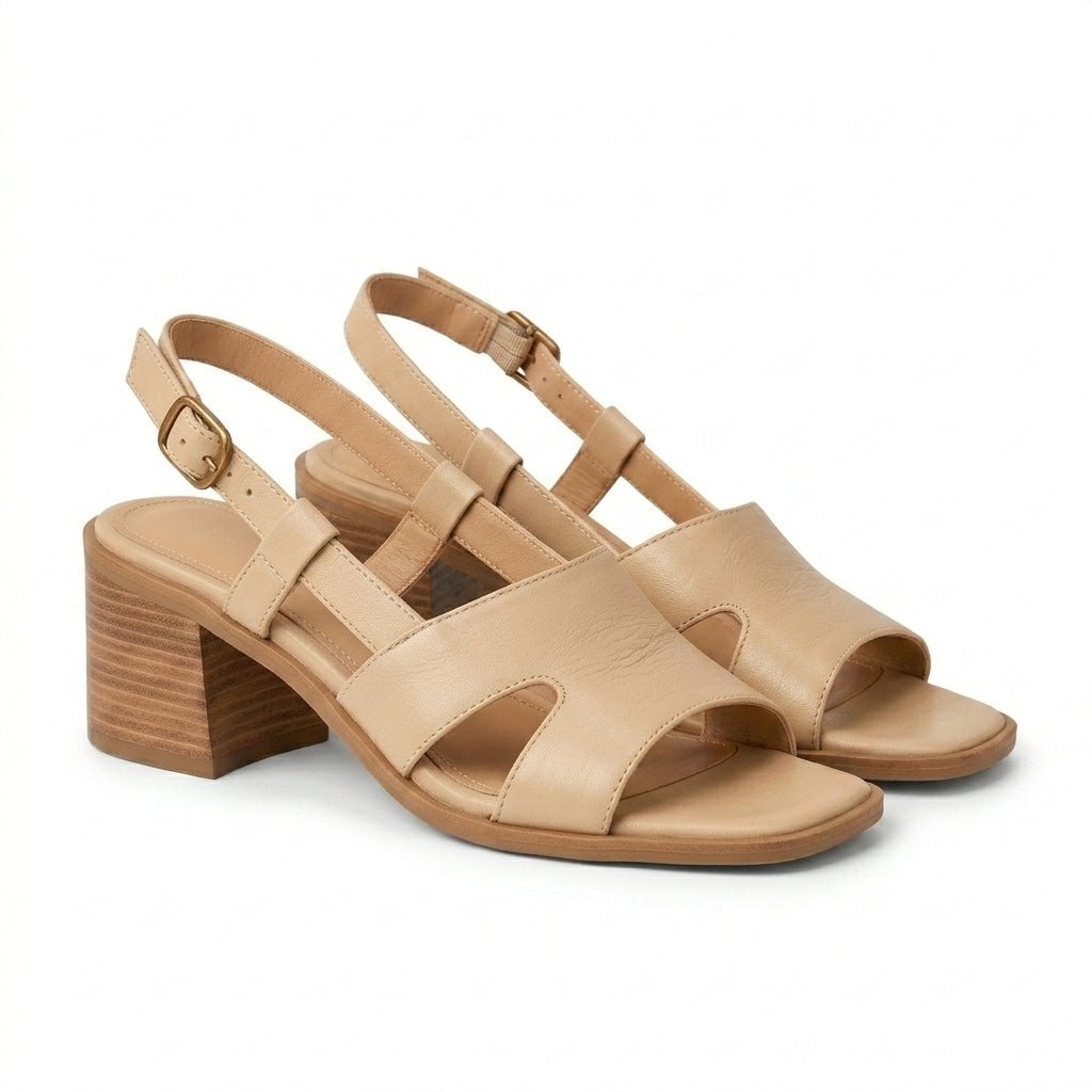 Julie block heel sandals beige - styled outfit