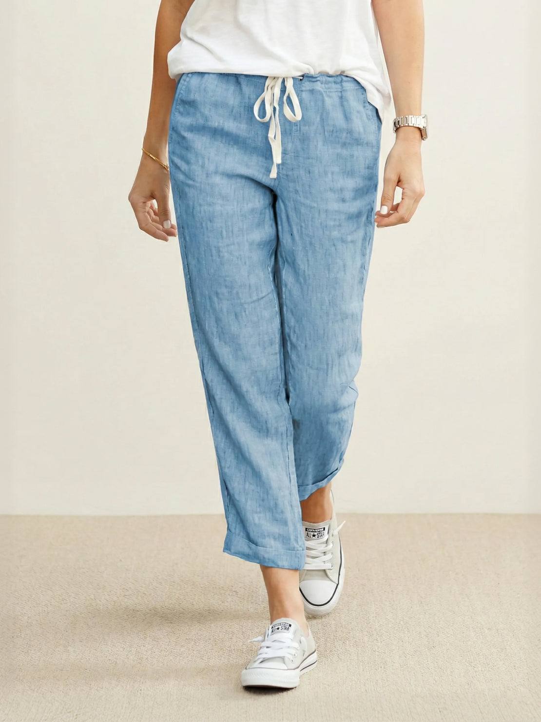 Juliette linen trousers rolled hem - color Army Green