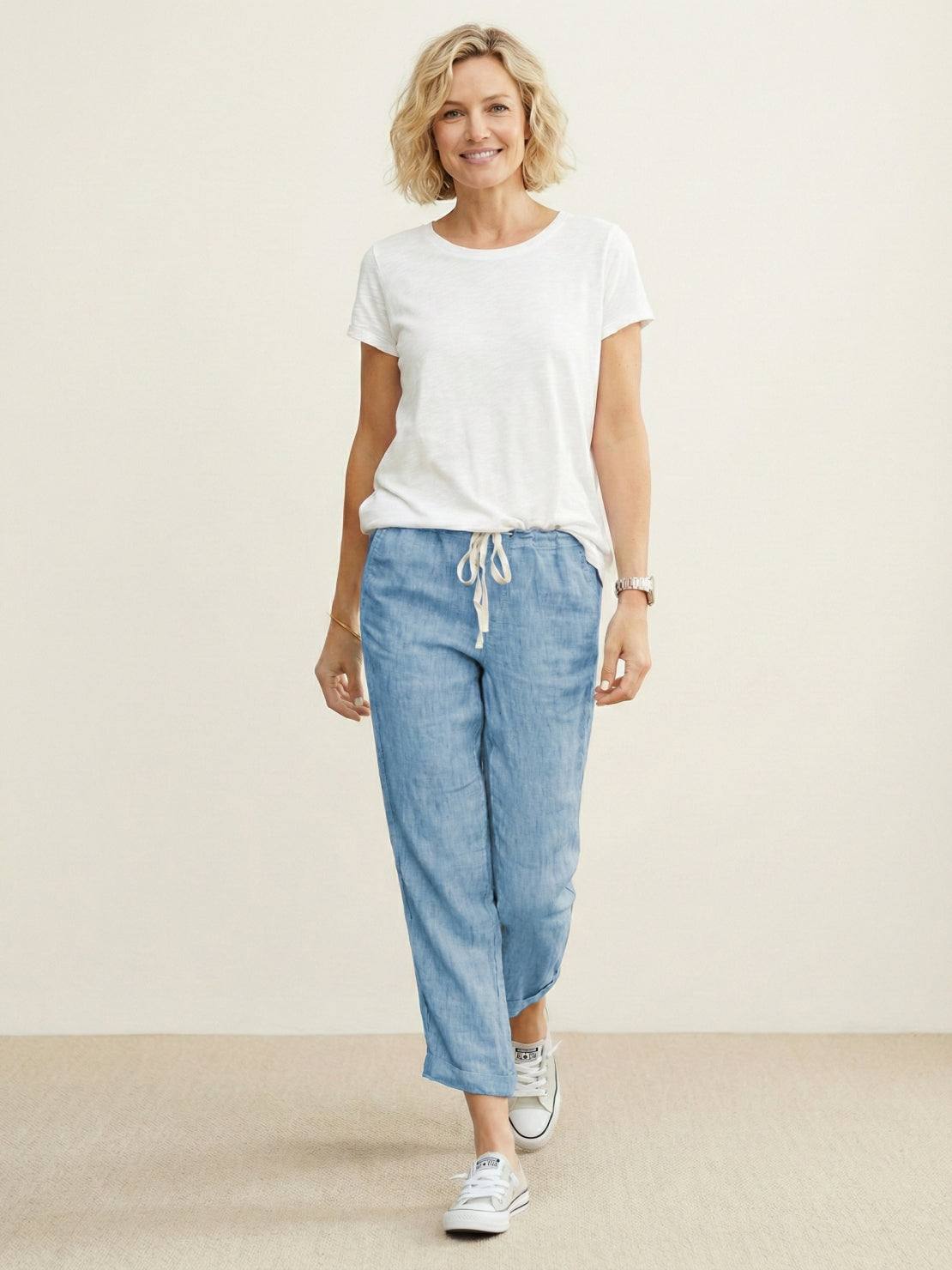 Juliette linen trousers rolled hem - full look 2