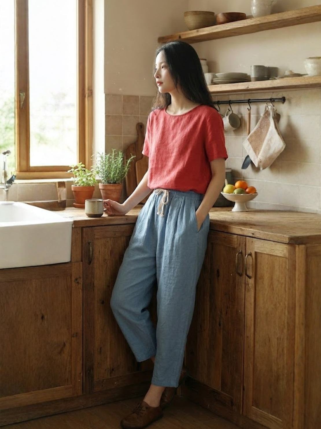 Juliette linen trousers rolled hem - full look 5