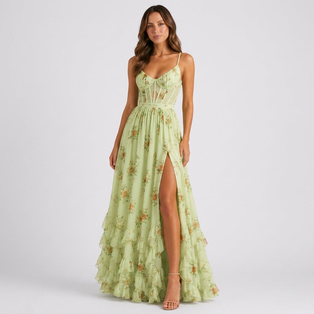 June floral corset maxi wedding guest dress - back view
