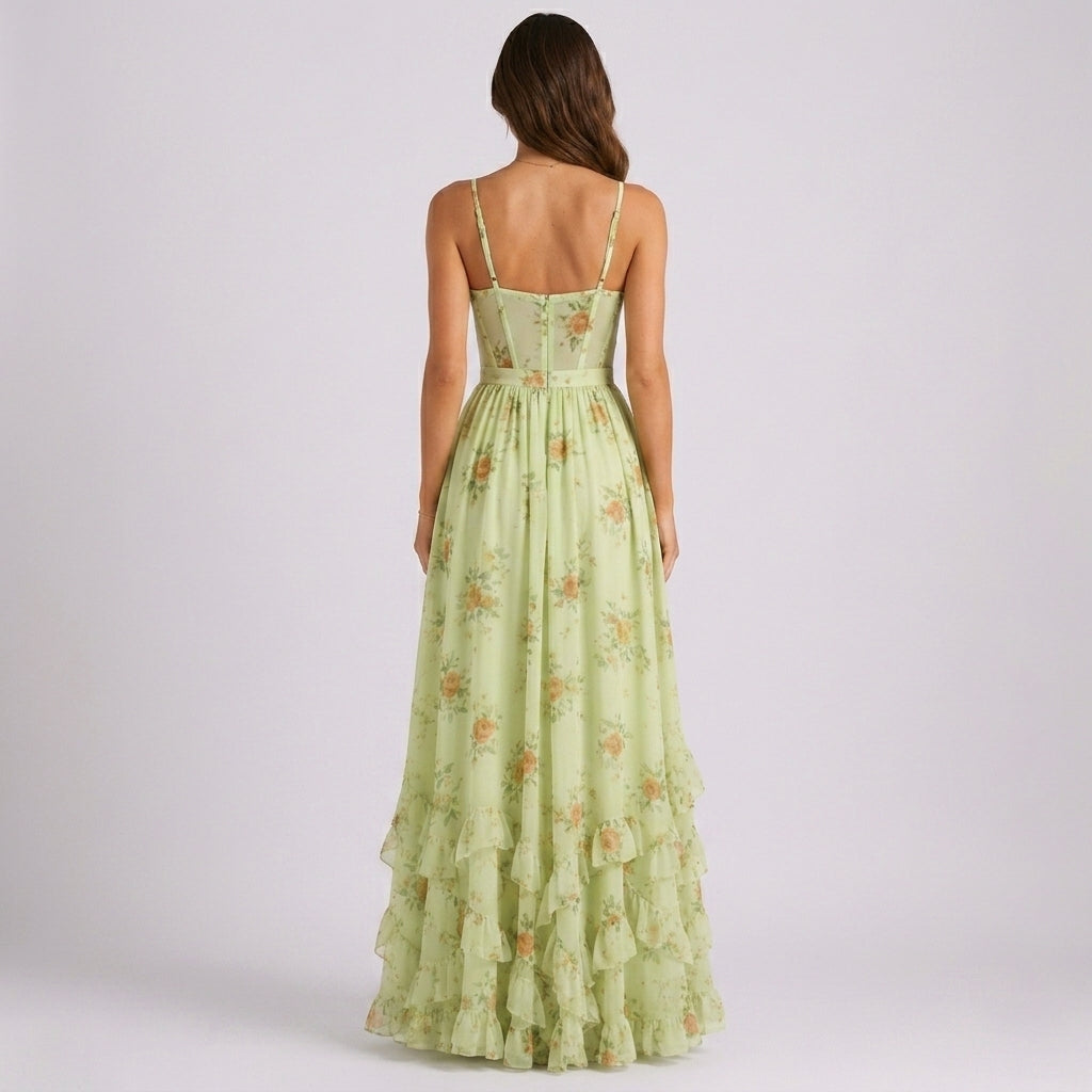 June floral corset maxi wedding guest dress - bodice detail