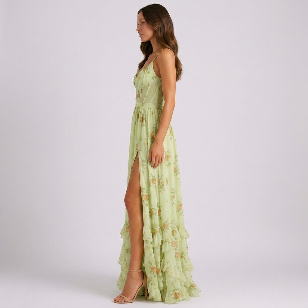 June floral corset maxi wedding guest dress - color Green