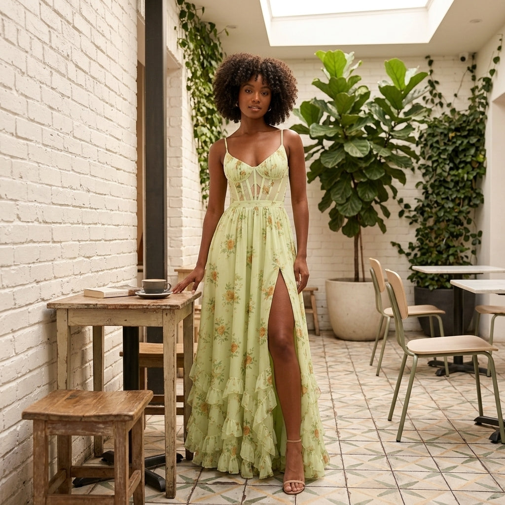 June floral corset maxi wedding guest dress - styled outfit