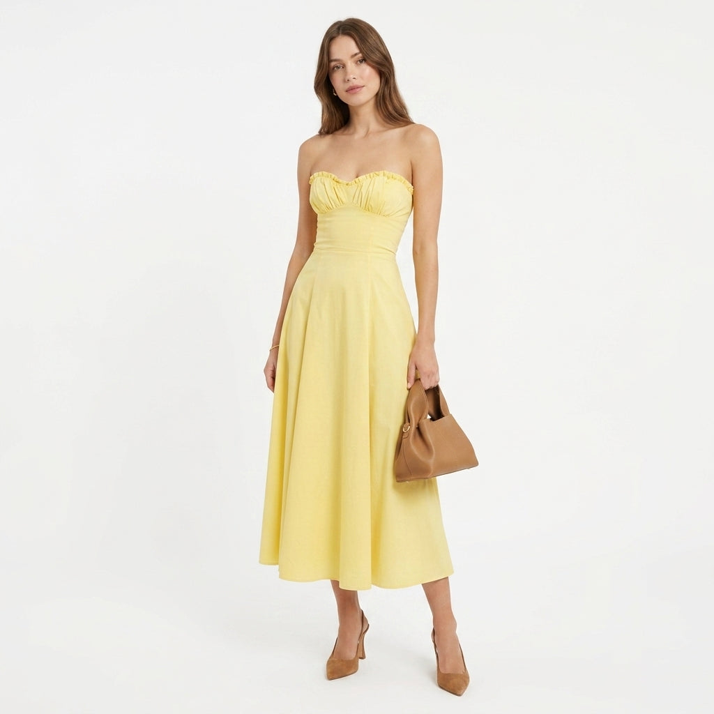 Katia | Yellow Bustier Wedding Guest Midi Dress