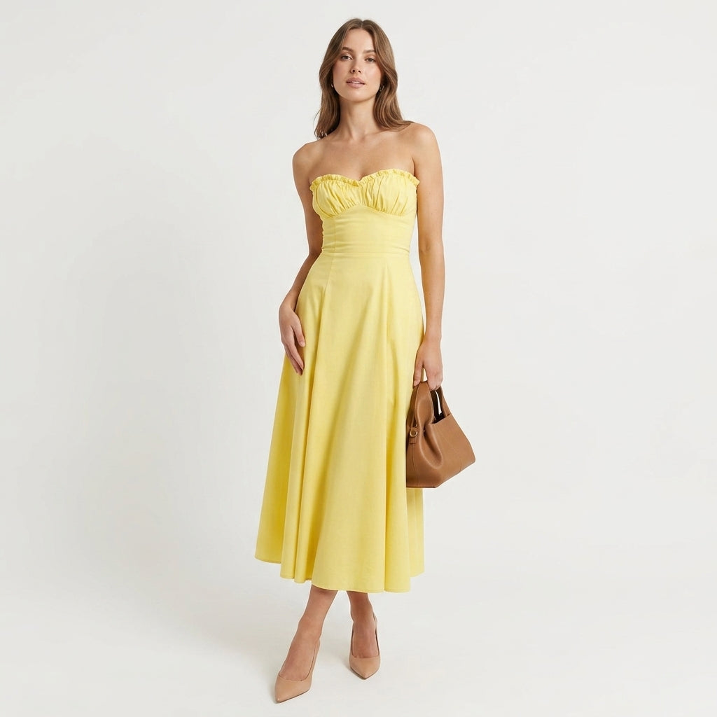 Katia | Yellow Bustier Wedding Guest Midi Dress