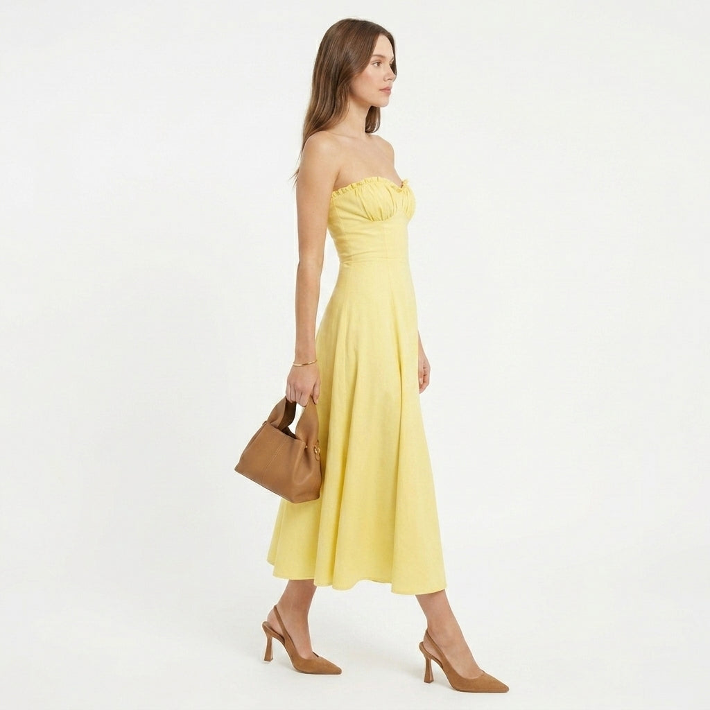 Katia | Yellow Bustier Wedding Guest Midi Dress