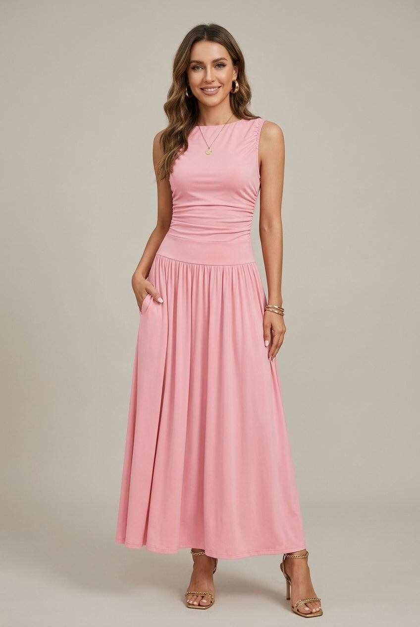 Kayla | Sleeveless Round Neck Ruched Waist Maxi Dress