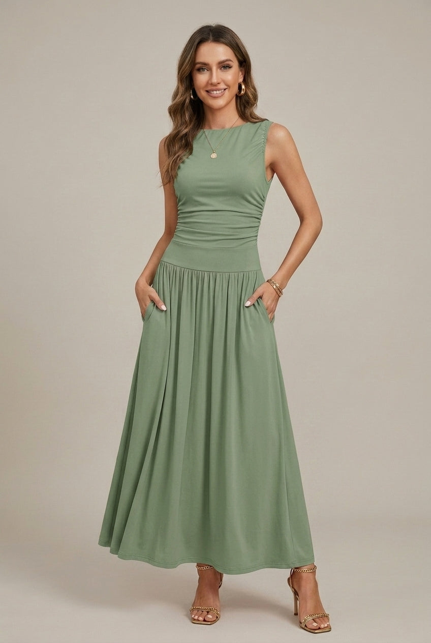 Kayla | Sleeveless Round Neck Ruched Waist Maxi Dress